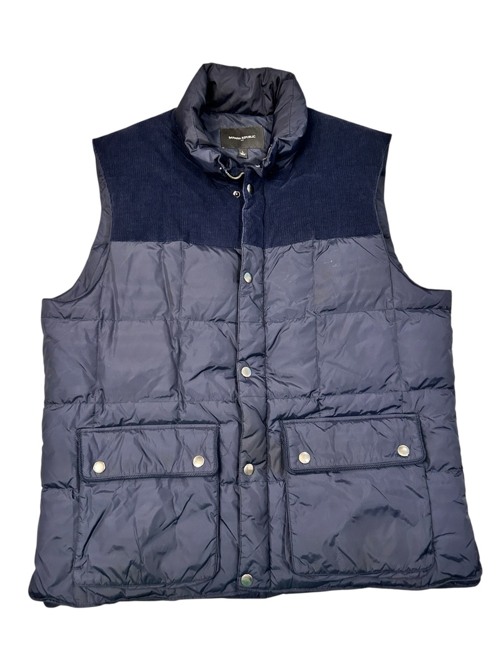Banana Republic Vest Quilted Down Filled Corduroy Yoke Men’s L Navy Blue Casual